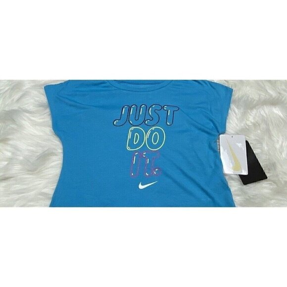 NWT Nike Tee Logo Slogan T-Shirt Just Do It Size 6X Girls Athletic Cut Blue NEW - Picture 2 of 7